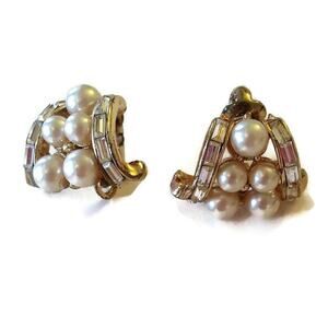 Vintage Coro Faux Pearl Rhinestone Clip On Earrings: Art Deco Jewelry
